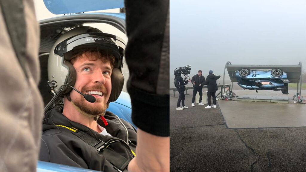 MrBeast Upside Down in McMurtry and photo of MrBeast in cockpit with helmet on