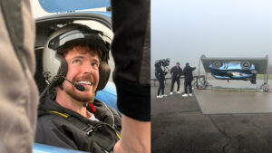 MrBeast Upside Down in McMurtry and photo of MrBeast in cockpit with helmet on